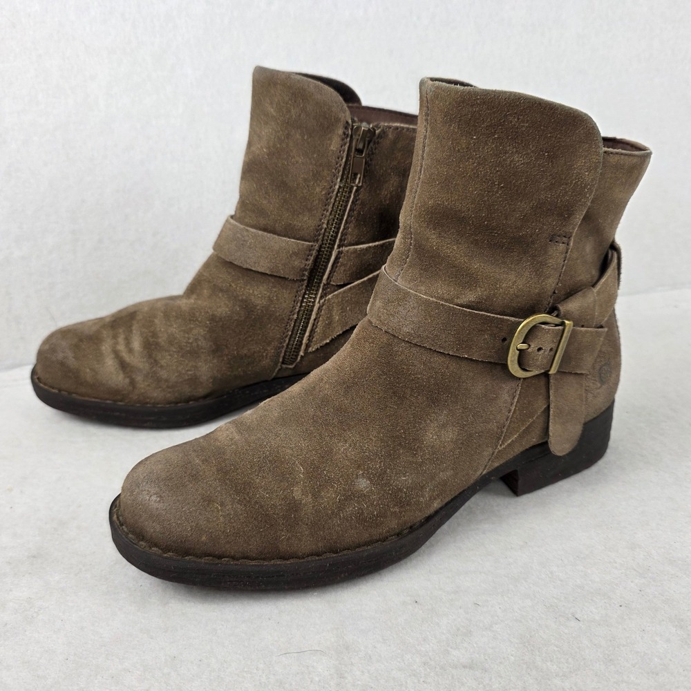 Born Womens Brown Suede Ankle Boots Buckle Strap Side Zip Plaid Lined Booties